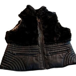 Celsius Designer Black Furry & Faux Leather Vest w/Cheetah Lining - Size: 2X